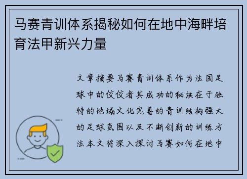 马赛青训体系揭秘如何在地中海畔培育法甲新兴力量