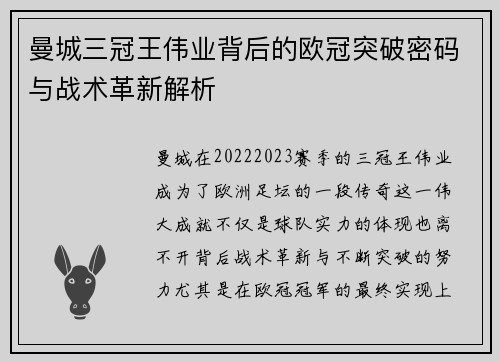 曼城三冠王伟业背后的欧冠突破密码与战术革新解析