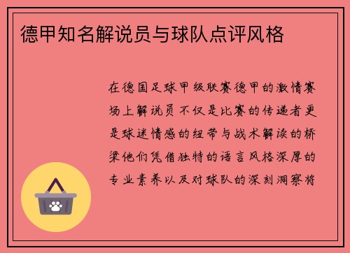 德甲知名解说员与球队点评风格