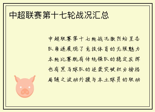 中超联赛第十七轮战况汇总